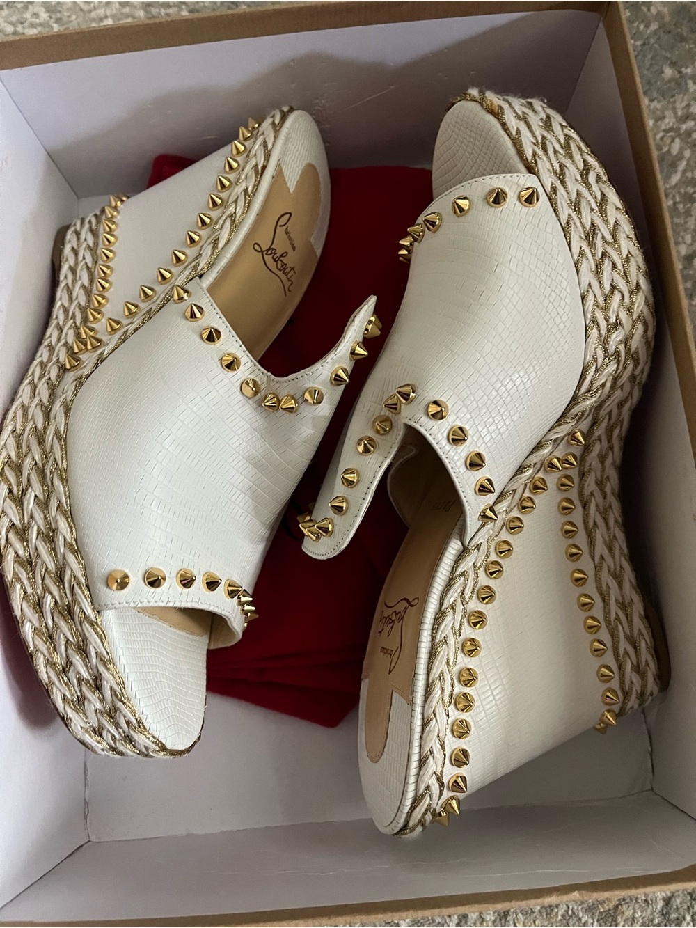 Christian Louboutin White Leather Studded Espadrille Platform Mules
